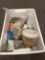 Plastic crate with aerosol cans sprinkler tips, brake fluid, assorted screws