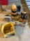 Shop vac, milkhouse heaters, assorted oils, lubricants, and vintage work lamp
