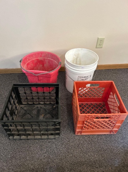 2 feed pails, 2 plastic produce crates