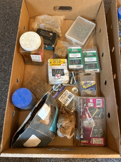 Box of assorted screws, nails, and bolts