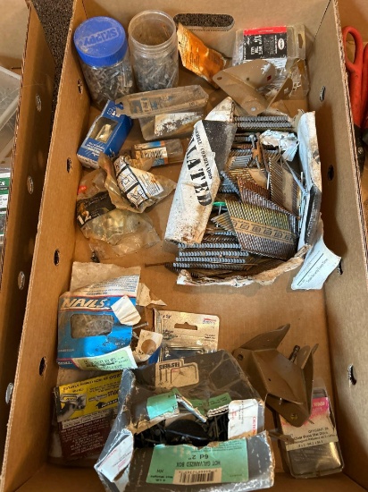 Box of assorted screws, nails, and bolts