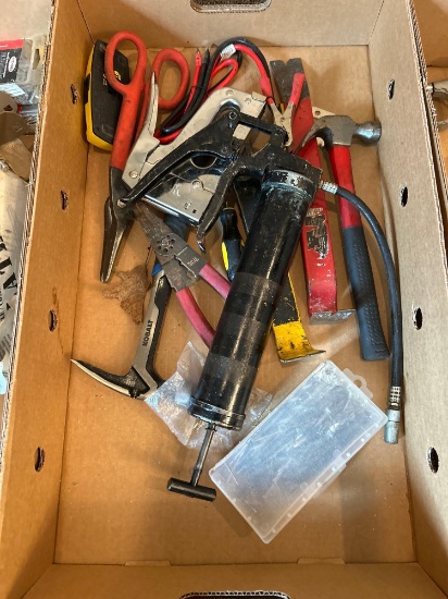 Box of assorted, hammers, wonder bars, grease gun, stapler, clippers