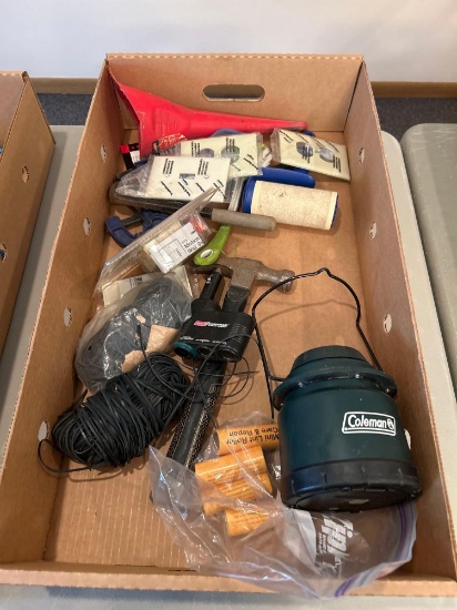 Box of assorted tools, hammer, wood clamps, lantern, electrical supplies