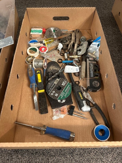 Box of assorted tools, pliers, vice grip, chisels, level, soldering wire, etc