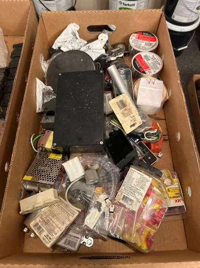 Box of assorted wiring supplies, wire nuts, wire, electrical plugs, tape, etc