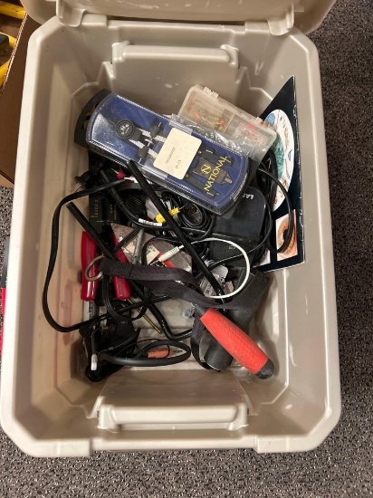 Plastic tote of wiring accessories, caliper, etc