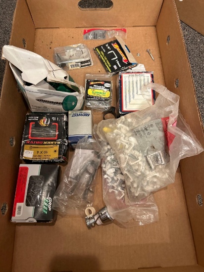 Box of assorted screws, nails, and fasteners