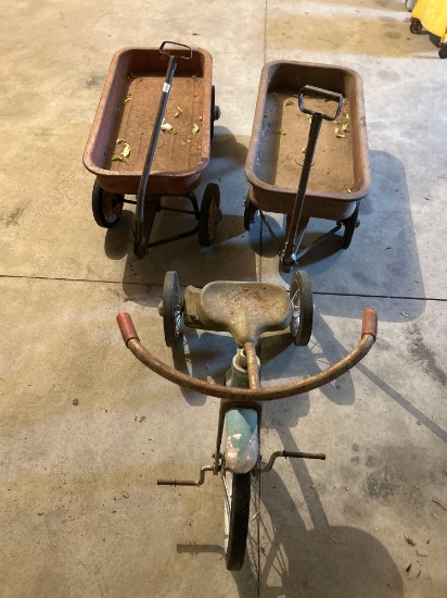 Vintage "Hamilton Greyhound" red wagons, little red trike