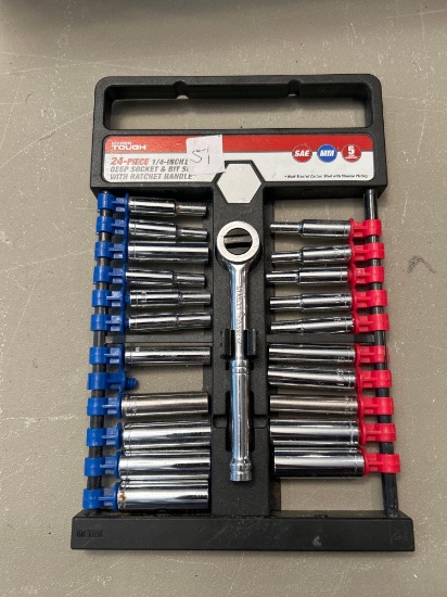 Hyper Tough 24 piece 1/4 inch deep socket and bit set with ratchet handle