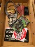 Box of assorted leather sporting pouches, pepper spray, T-Handle ram rod extension, vintage gun