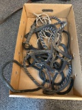 Box of assorted horse halters and lead ropes