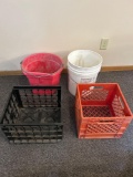 2 feed pails, 2 plastic produce crates
