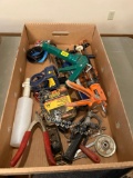 Box of assorted tools, caulk guns, 16