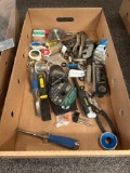 Box of assorted tools, pliers, vice grip, chisels, level, soldering wire, etc