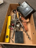 Box of assorted tools, tool belt, level welding mask, wood planer