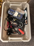 Plastic tote of wiring accessories, caliper, etc