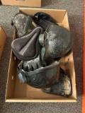 Box of hard hats, bike seats