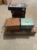 Leather bag, vintage ammunition box, magazine rack on wheels
