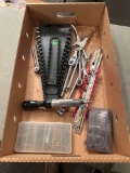 Box of assorted tool kits, sockets, wrench holders, angle impact driver, crescent wrenches