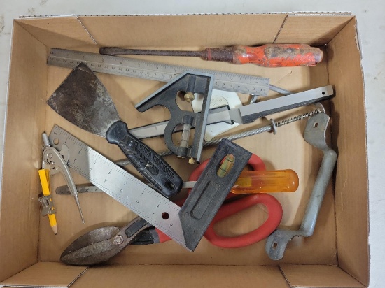 Tin snips, square, screw drivers