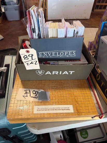 Vintage paper cutter, envelopes, greeting cards