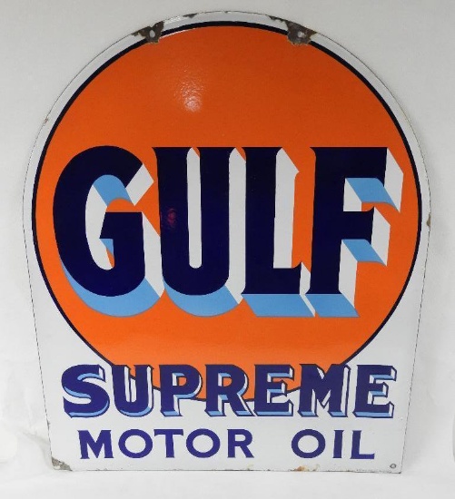 Gulf Supreme Motor Oil Tombstone Porcelain Sign