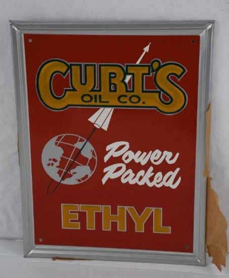 Curt's Oil Co. "Power Packed " Ethyl w/Rocket Logo Metal Sign