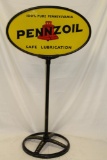 Pennzoil Oval Red Bell Porcelain Curb Sign with Base