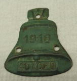 California 1918 Bell Shape License Plate Tag