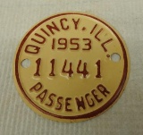 Quincy, Illinois 1953 Passenger Tag