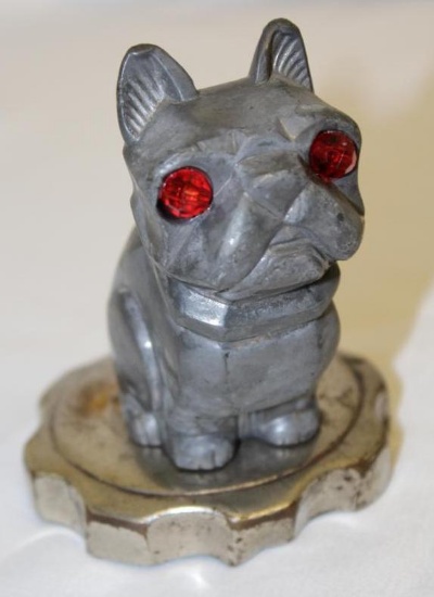 Sitting Stylized Bulldog w/ Jeweled Eyes Automobile Radiator Mascot Hood Ornament by H. Moreau