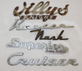 Group of 5 Automobile Radiator Emblem Script Willys, Kaiser, Nash