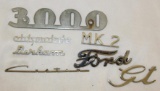Group of 7 Automobile Radiator Emblem Script Durham, Oldsmobile, Ford, GT, MK2