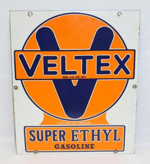 Veltex Fletcher Oil Co Super Ethel Gasoline SSP Porcelain Pump Plate Sign