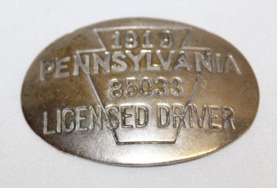 1919 Pennsylvania Licensed Driver Badge Chauffer