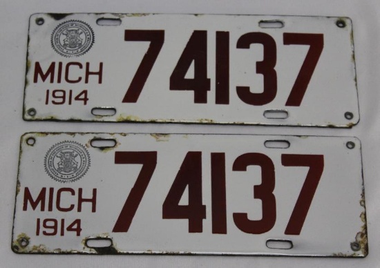 1914 Pair of Michigan MI Porcelain License Plates #74137