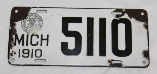 1910 Michigan MI Porcelain License Plate #5110