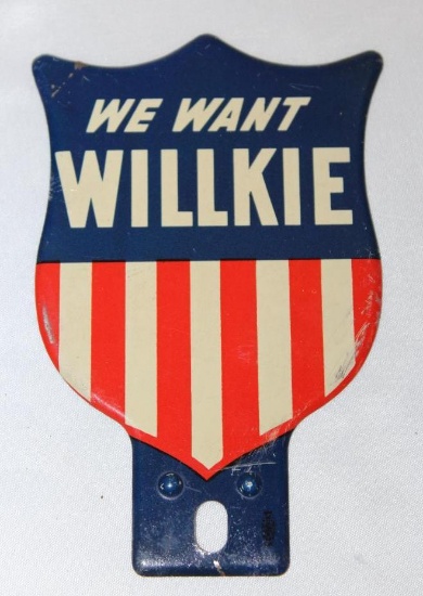 "We Want Willkie" Political Advertising License Plate Topper