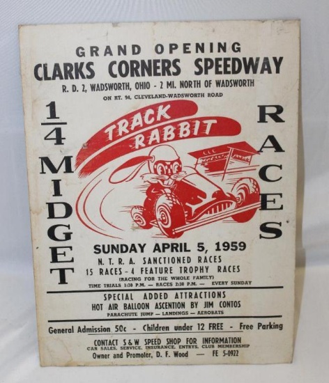 1959 Clarks Corner Speedway Wadsworth Advertising Race Poster