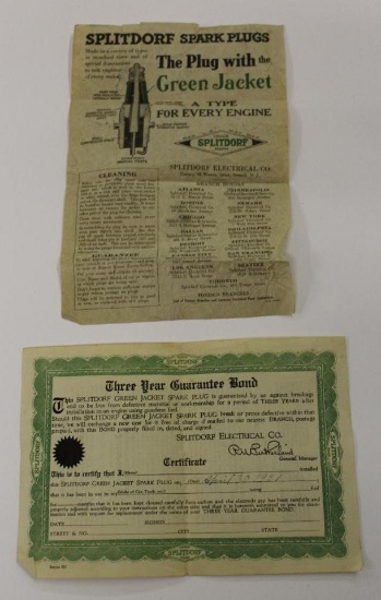 Splitdorf Green Jacket Spark Plug Ad and Certificate