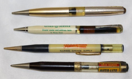Group of 4 Advertising Pens and Pencils Piston Spark Plug Oil Can