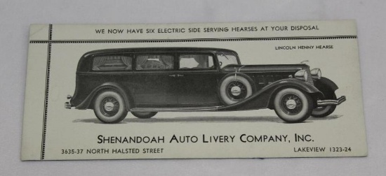 Shenandoah Auto Livery Co Lincoln Hearse Graphic Advertising Ink Blotter