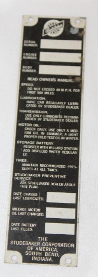 Studebaker Motor Car Co Serial Data Tag