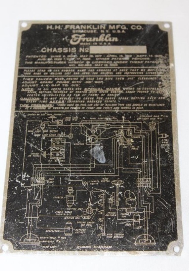 Franklin Motor Car Co Serial Data Tag