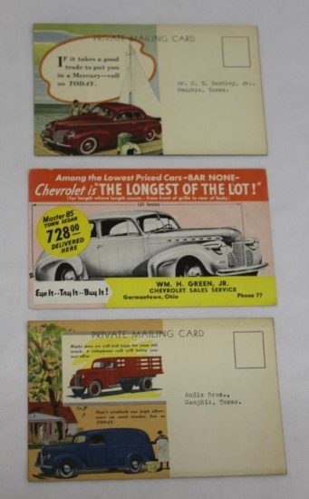 Group of 3 Graphic Auto Dealer Postcards Chevrolet, Mercury, Trucks