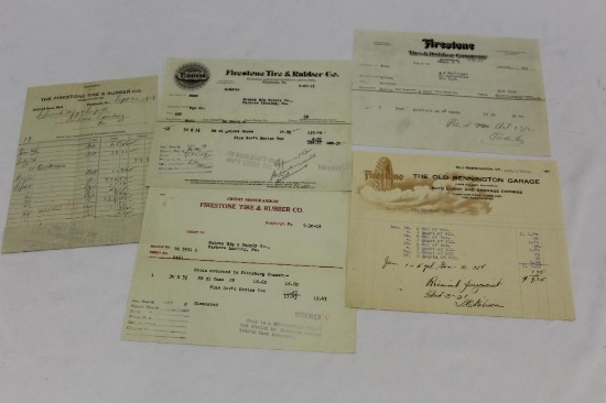 Group of 5 Firestone Tires 1910's & 1920's Advertising Letterhead Receipts