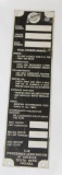 Studebaker Motor Car Co Serial Data Tag