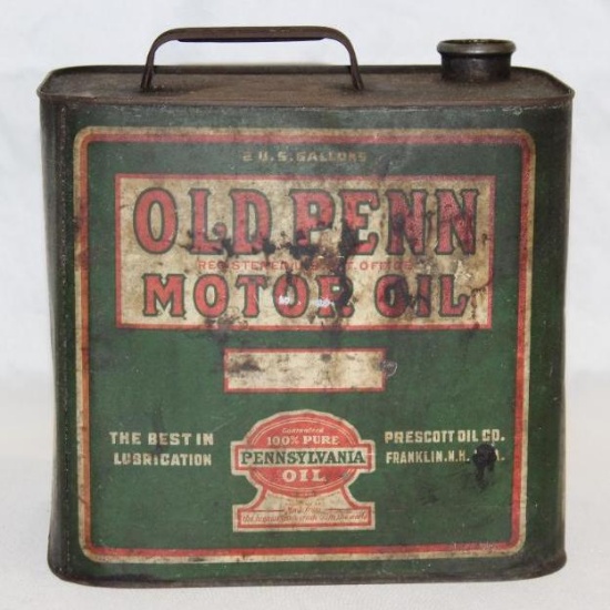 Old Penn 2 Gallon Motor Oil Can Prescott Oil Co of Franklin NH