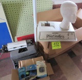 Mannequin head, typwriter & box of misc electrical