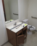 bathroom fixtures: toilet, sink, mirror & handrail